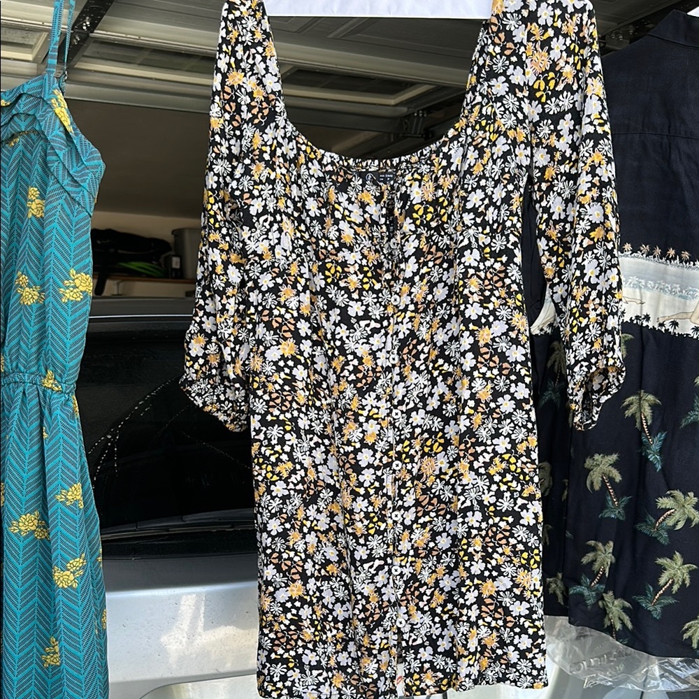 Black and White Ruched Ruffled Sundress with Bishop Sleeves